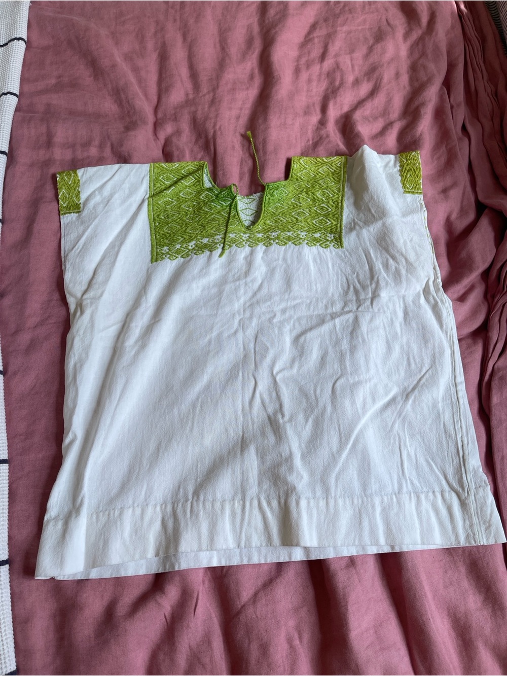 Vintage White Cotton Top with Green Embroidered Yoke